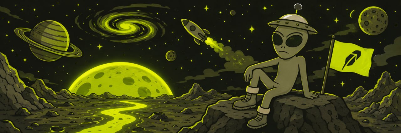 BOOTS sitting on a moon rock with a flag, chartreuse space landscape