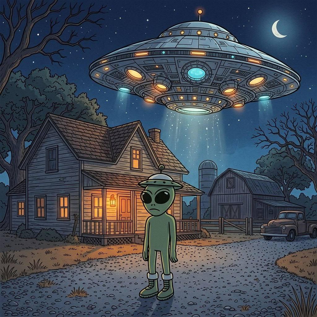 BOOTS standing in front of a farmhouse while a huge UFO beams light down behind him