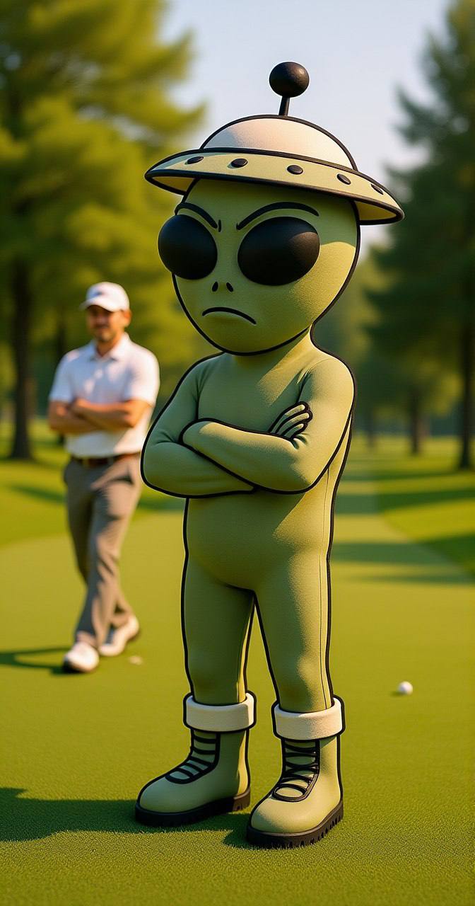 BOOTS mascot on a golf course with arms crossed